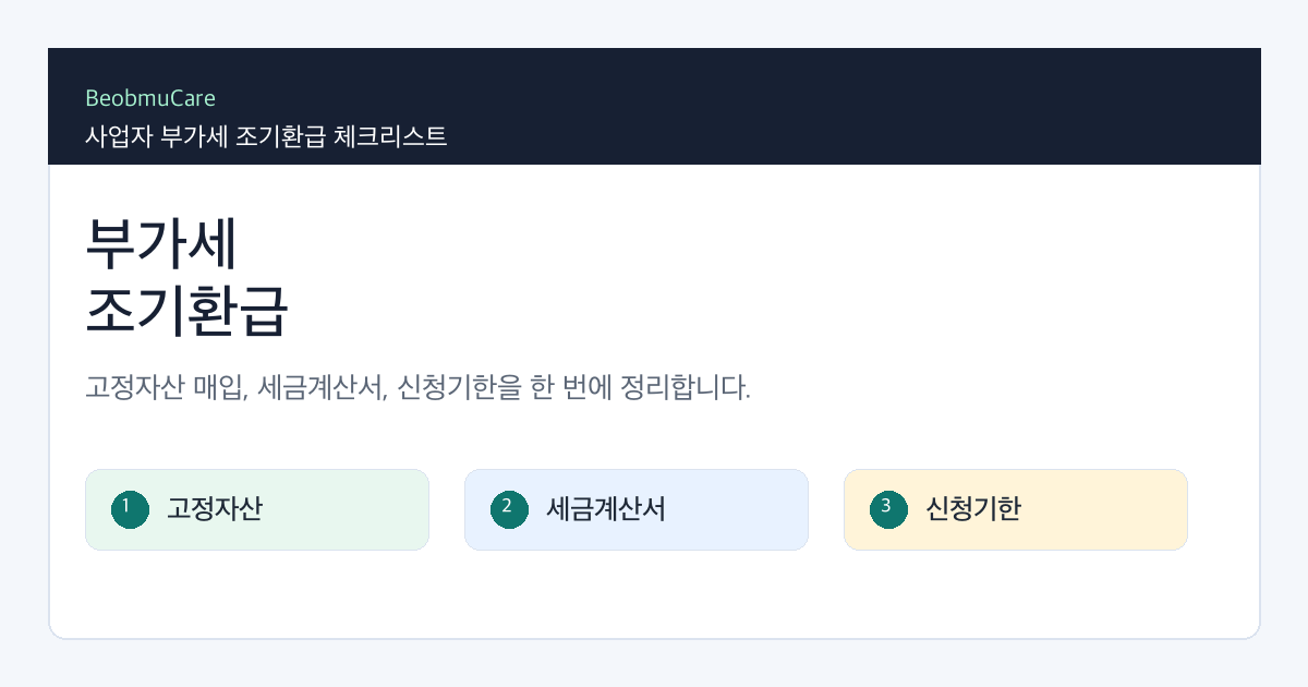사업자 부가세 조기환급 준비를 위해 고정자산 매입, 세금계산서, 신청기한, 홈택스 신고자료를 정리하는 체크리스트
