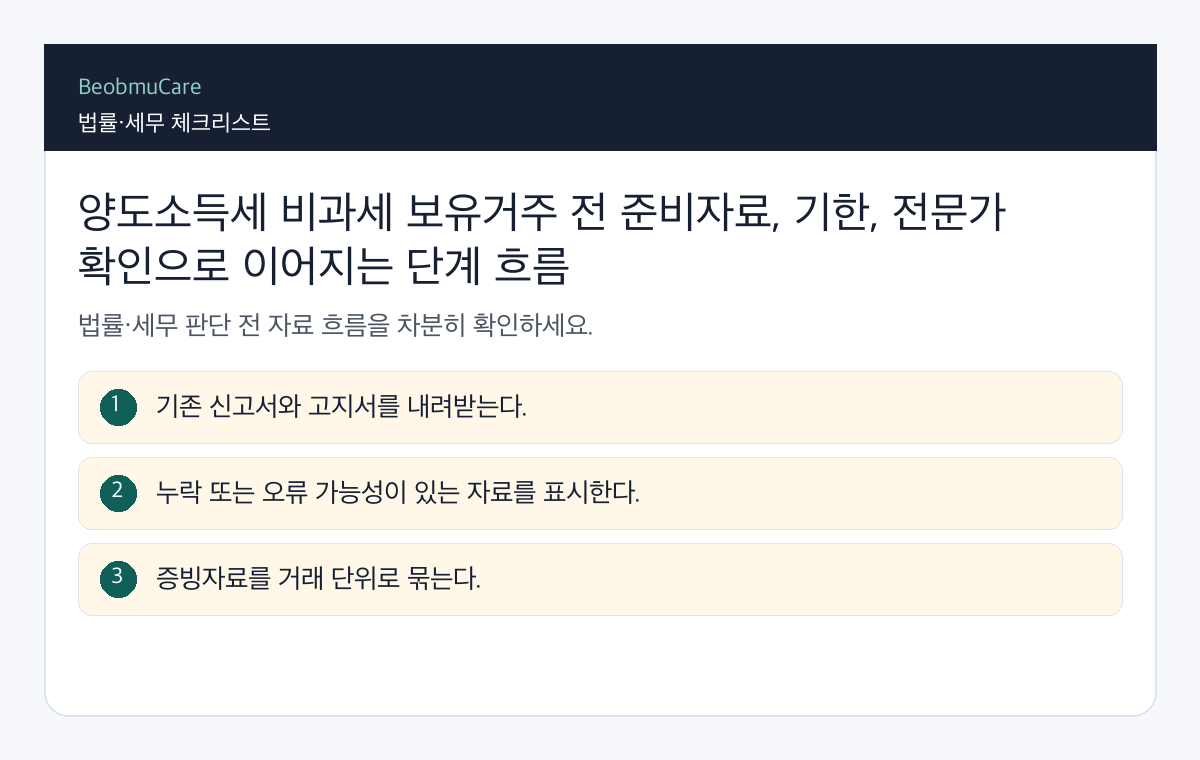 양도소득세 비과세 보유거주 전 준비자료, 기한, 전문가 확인으로 이어지는 단계 흐름