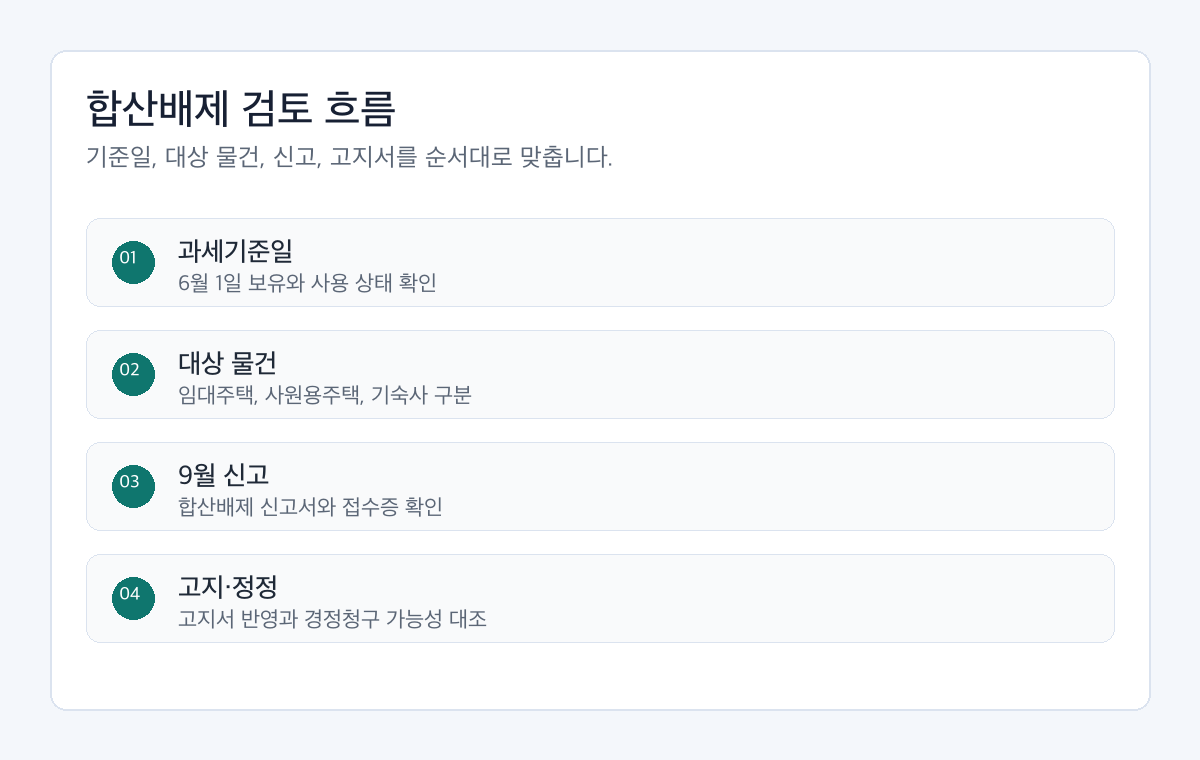 종부세 합산배제 환급 검토 전 과세기준일, 대상 물건, 9월 신고, 고지서, 경정청구를 순서대로 확인하는 절차도