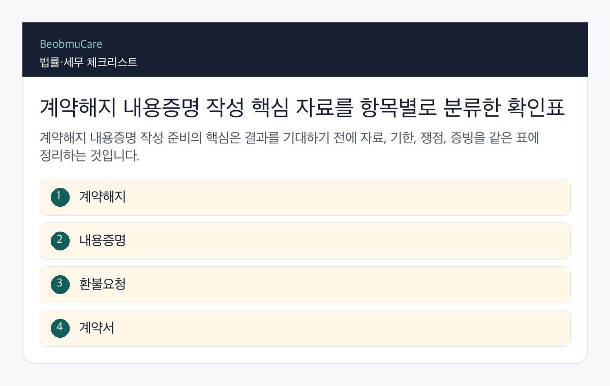 계약해지 내용증명 작성 핵심 자료를 항목별로 분류한 확인표