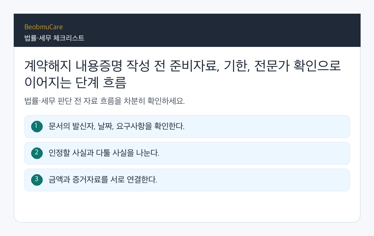 계약해지 내용증명 작성 전 준비자료, 기한, 전문가 확인으로 이어지는 단계 흐름