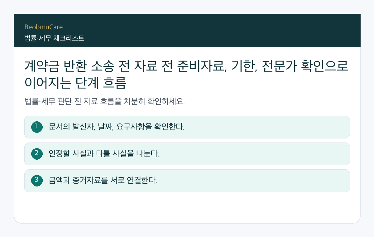계약금 반환 소송 전 자료 전 준비자료, 기한, 전문가 확인으로 이어지는 단계 흐름