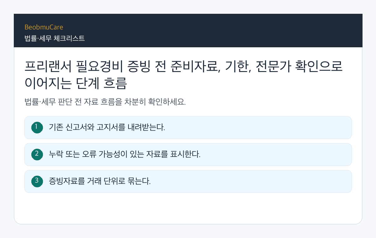 프리랜서 필요경비 증빙 전 준비자료, 기한, 전문가 확인으로 이어지는 단계 흐름