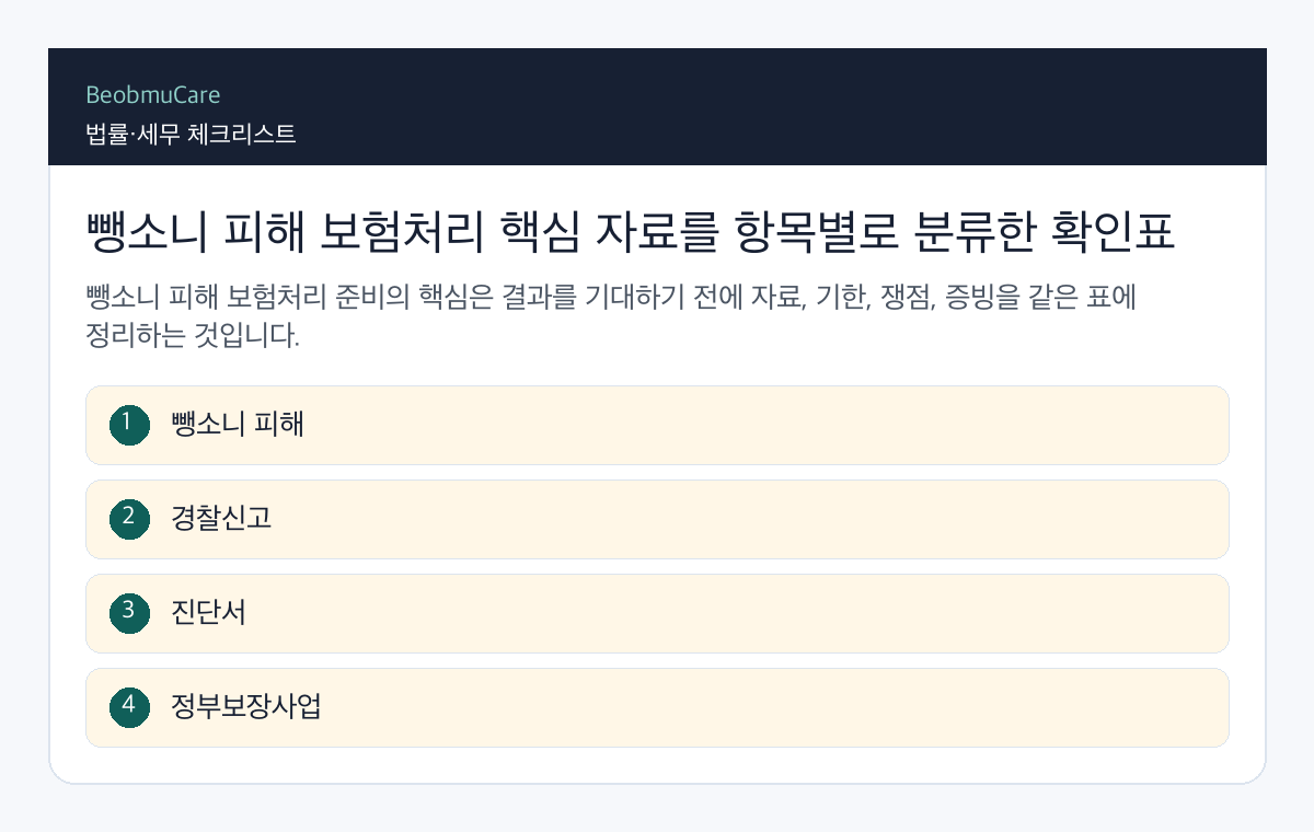 뺑소니 피해 보험처리 핵심 자료를 항목별로 분류한 확인표