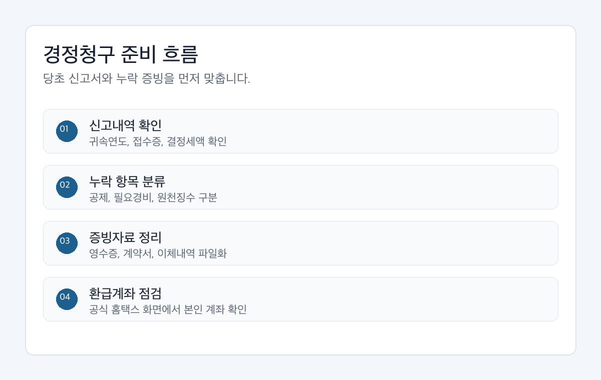 종합소득세 경정청구를 준비할 때 당초 신고서, 누락 항목, 증빙자료, 환급계좌를 확인하는 절차도