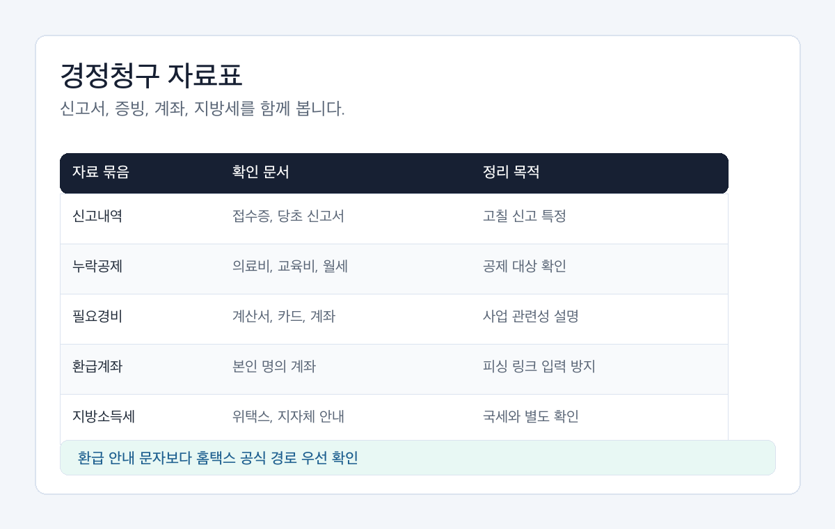 종합소득세 경정청구 서류를 신고내역, 누락공제, 증빙, 환급계좌, 지방소득세로 나눈 확인표