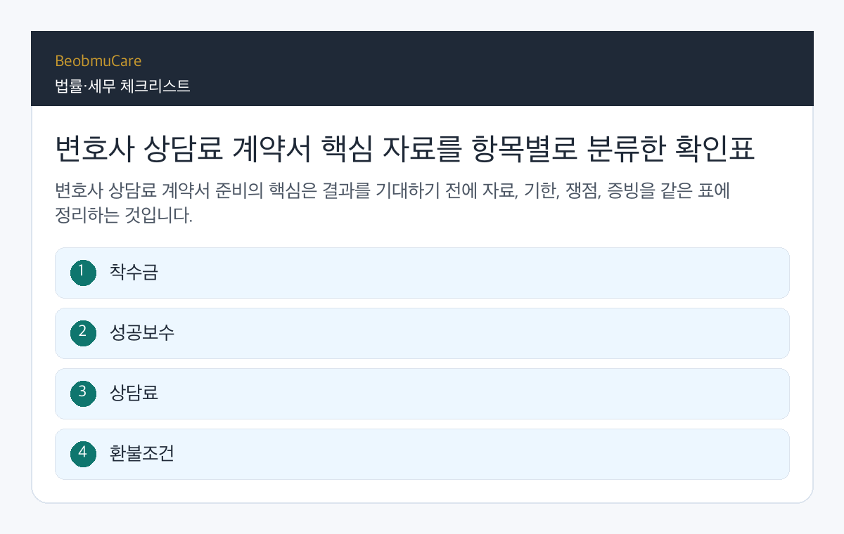 변호사 상담료 계약서 핵심 자료를 항목별로 분류한 확인표