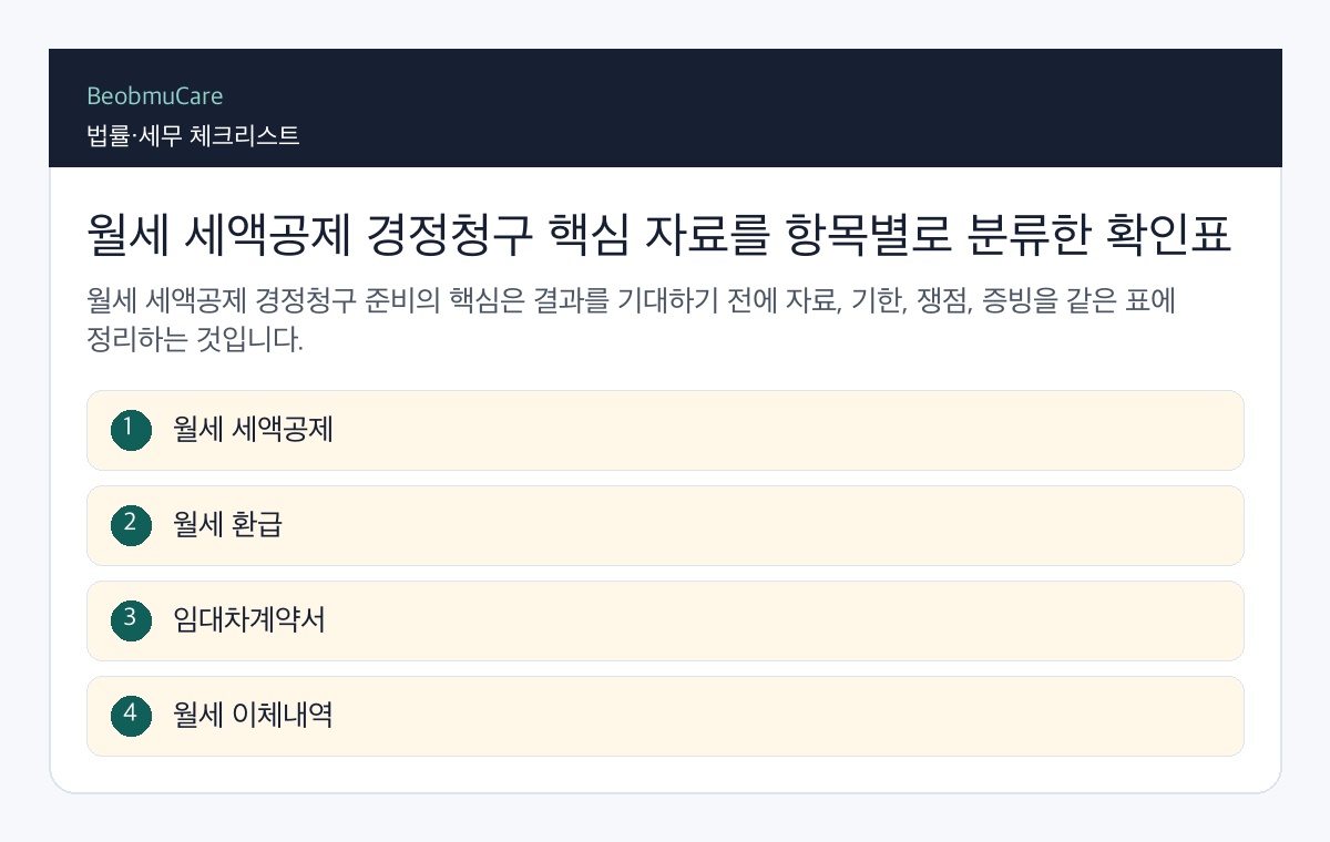 월세 세액공제 경정청구 핵심 자료를 항목별로 분류한 확인표