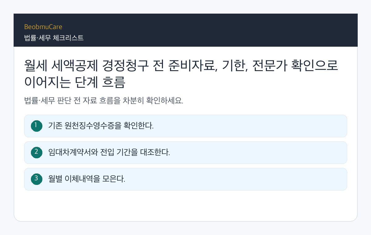 월세 세액공제 경정청구 전 준비자료, 기한, 전문가 확인으로 이어지는 단계 흐름