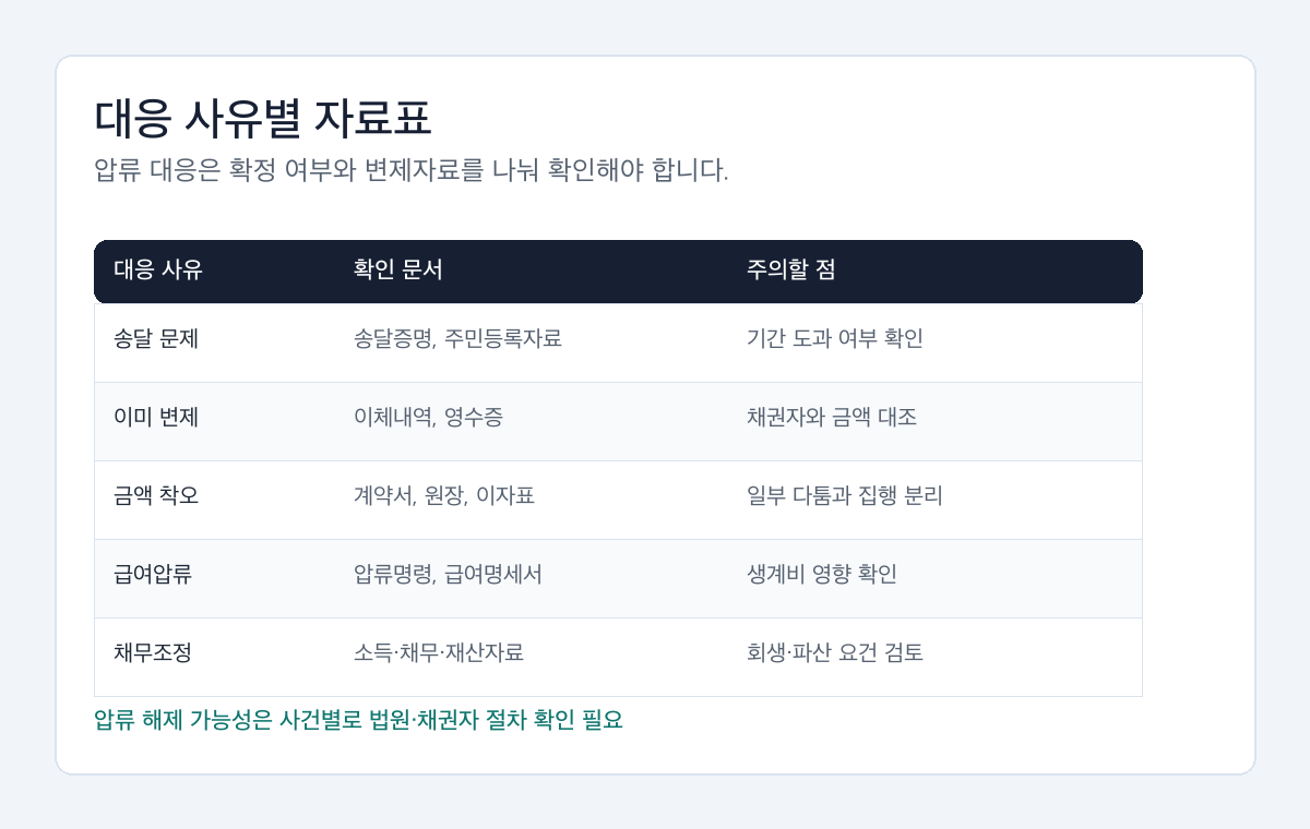 지급명령 확정 후 압류 대응 사유별 확인 문서와 주의점을 정리한 표