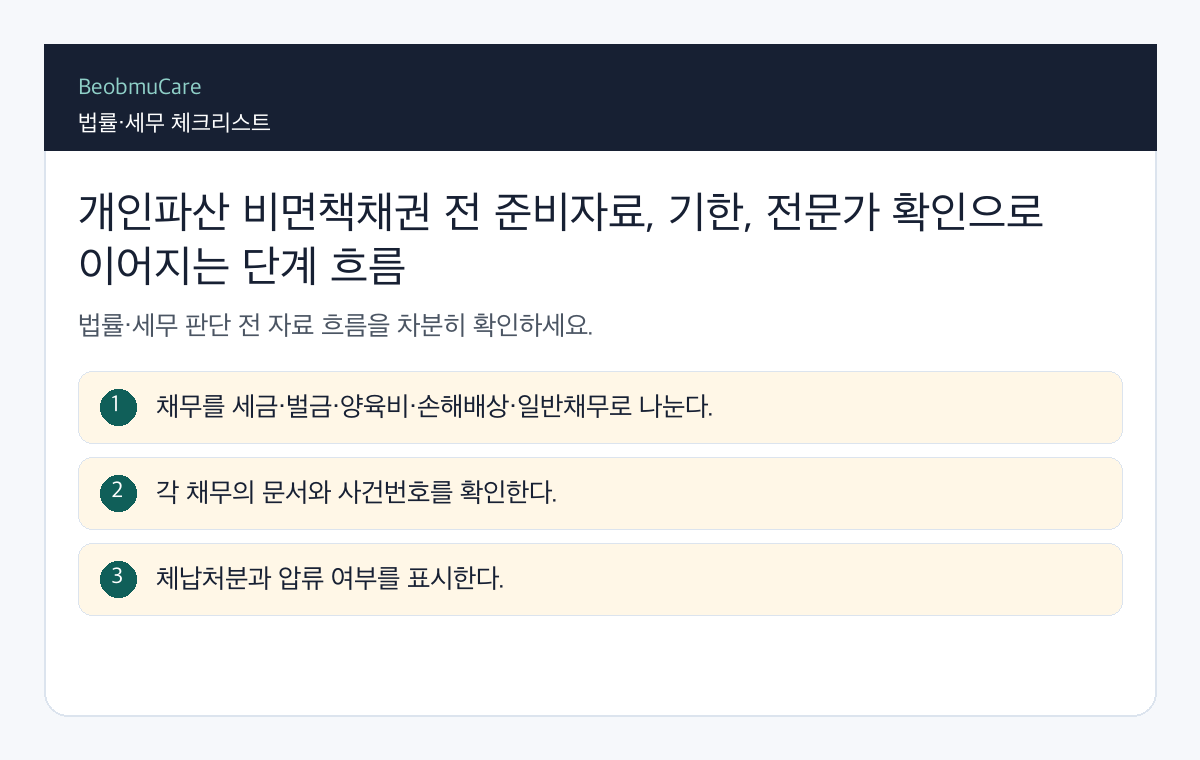 개인파산 비면책채권 전 준비자료, 기한, 전문가 확인으로 이어지는 단계 흐름