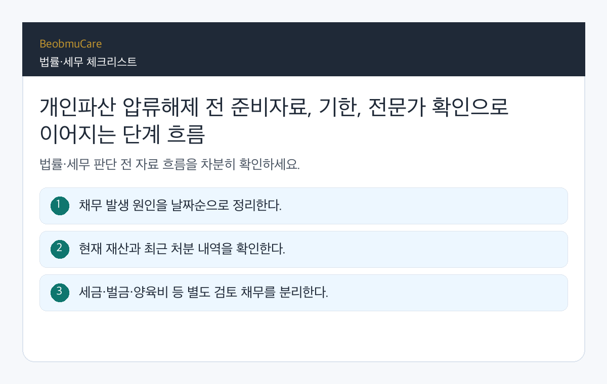 개인파산 압류해제 전 준비자료, 기한, 전문가 확인으로 이어지는 단계 흐름