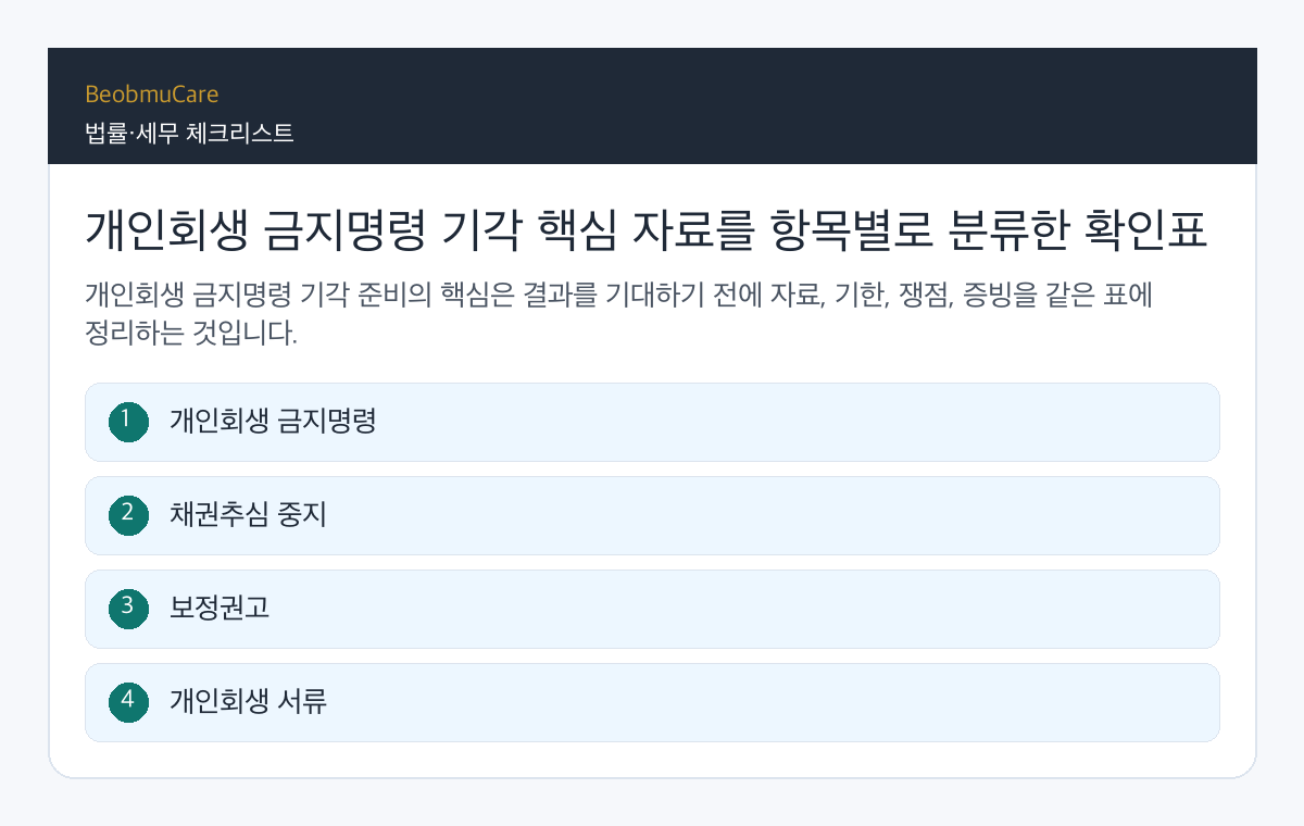 개인회생 금지명령 기각 핵심 자료를 항목별로 분류한 확인표
