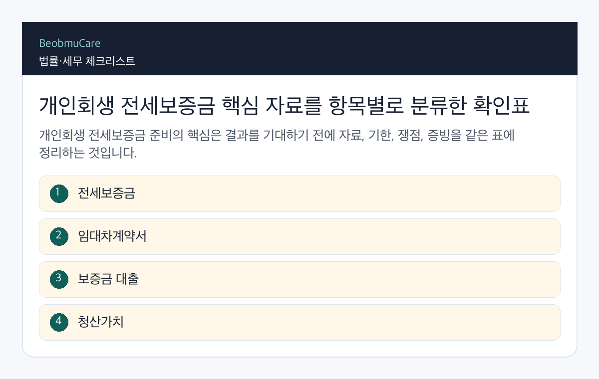 개인회생 전세보증금 핵심 자료를 항목별로 분류한 확인표