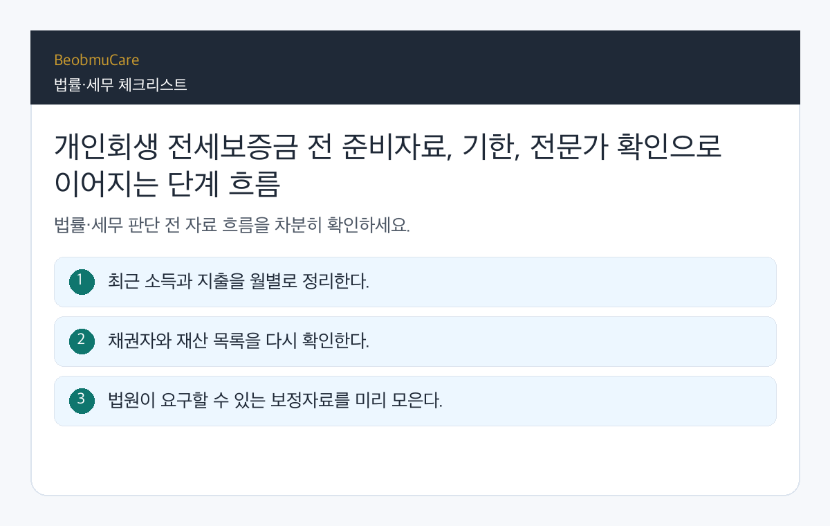 개인회생 전세보증금 전 준비자료, 기한, 전문가 확인으로 이어지는 단계 흐름