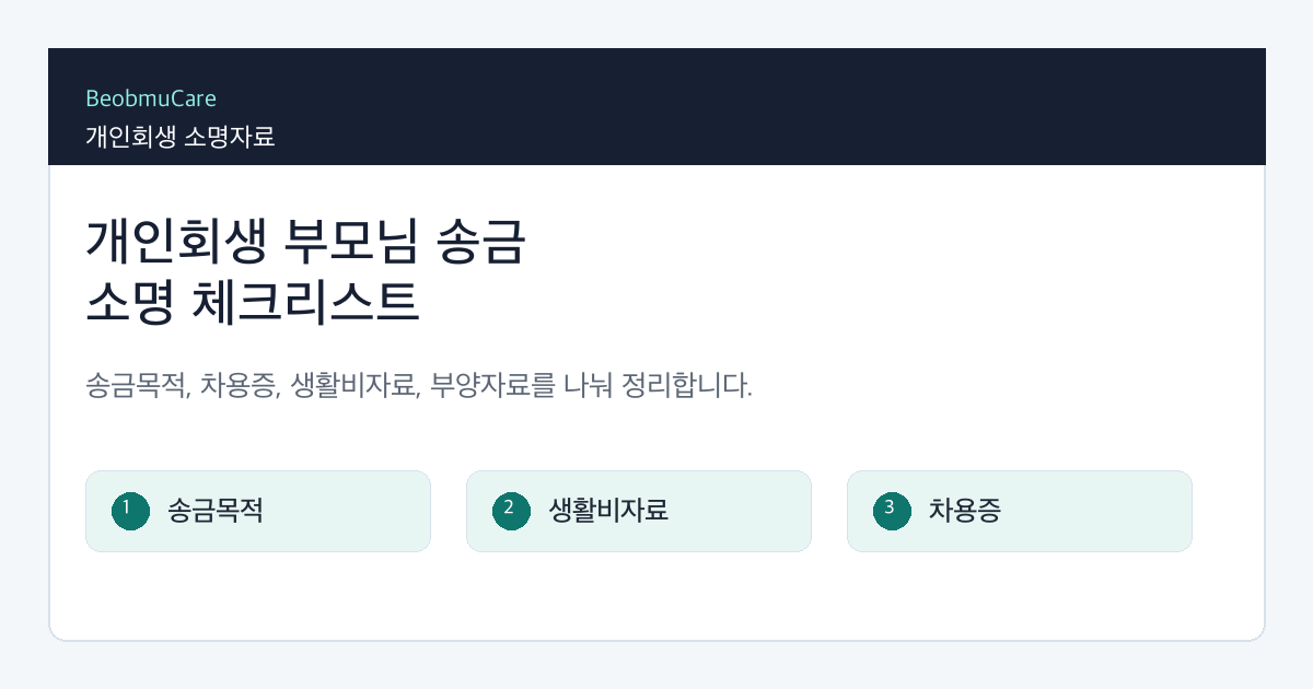 개인회생 부모님 송금 소명을 위해 송금목적, 차용증, 생활비자료, 부양자료를 분류하는 체크리스트