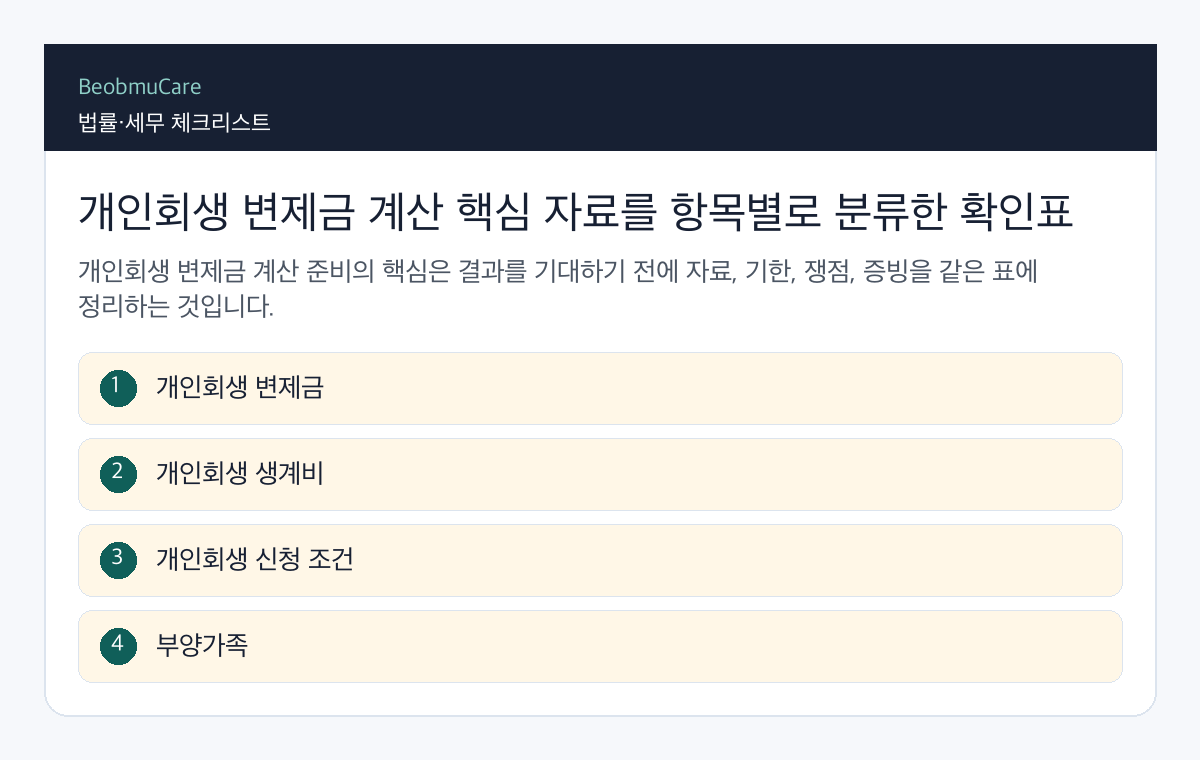개인회생 변제금 계산 핵심 자료를 항목별로 분류한 확인표