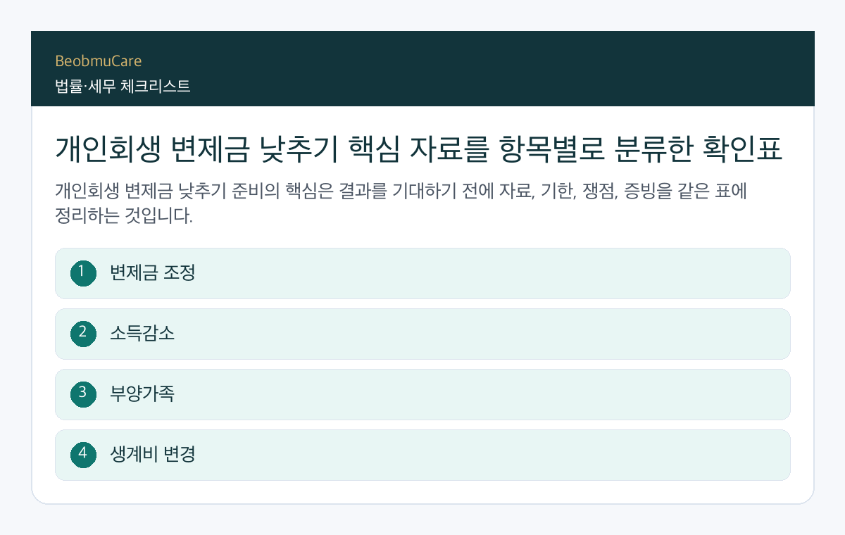 개인회생 변제금 낮추기 핵심 자료를 항목별로 분류한 확인표