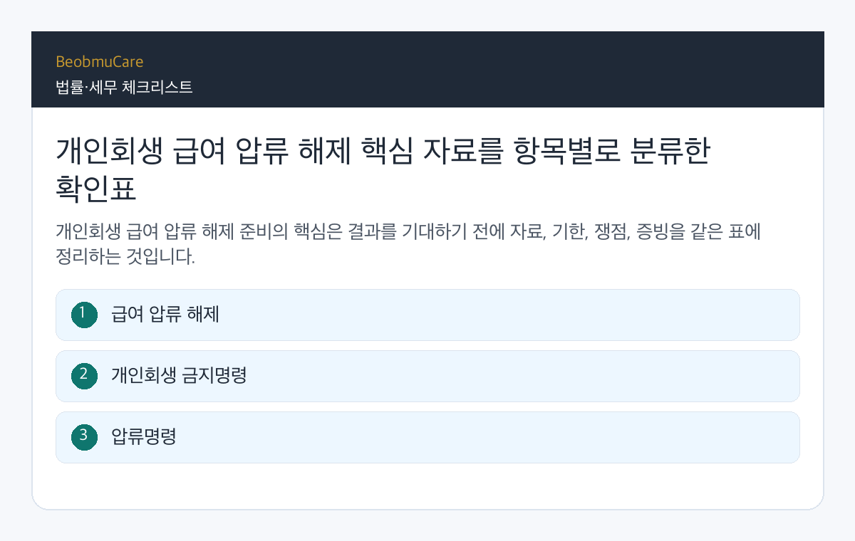 개인회생 급여 압류 해제 핵심 자료를 항목별로 분류한 확인표