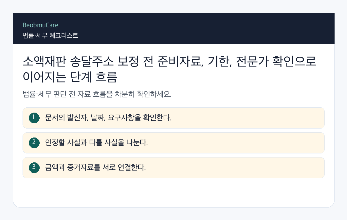 소액재판 송달주소 보정 전 준비자료, 기한, 전문가 확인으로 이어지는 단계 흐름