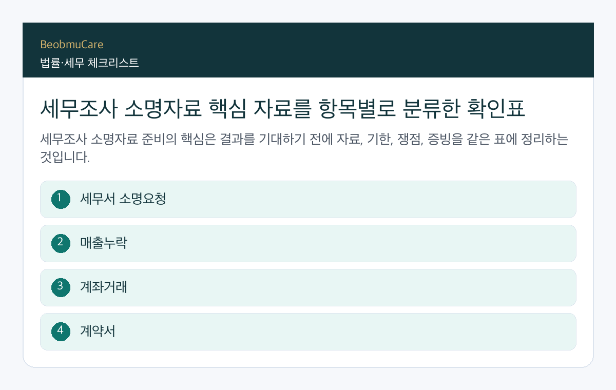 세무조사 소명자료 핵심 자료를 항목별로 분류한 확인표