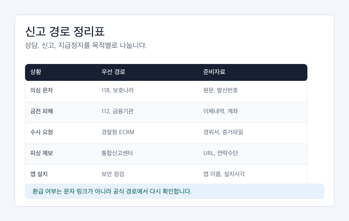 환급 사칭 문자 신고 경로를 118 상담, 112 신고, 경찰청 사이버범죄 신고, 금융기관 지급정지로 나눈 확인표