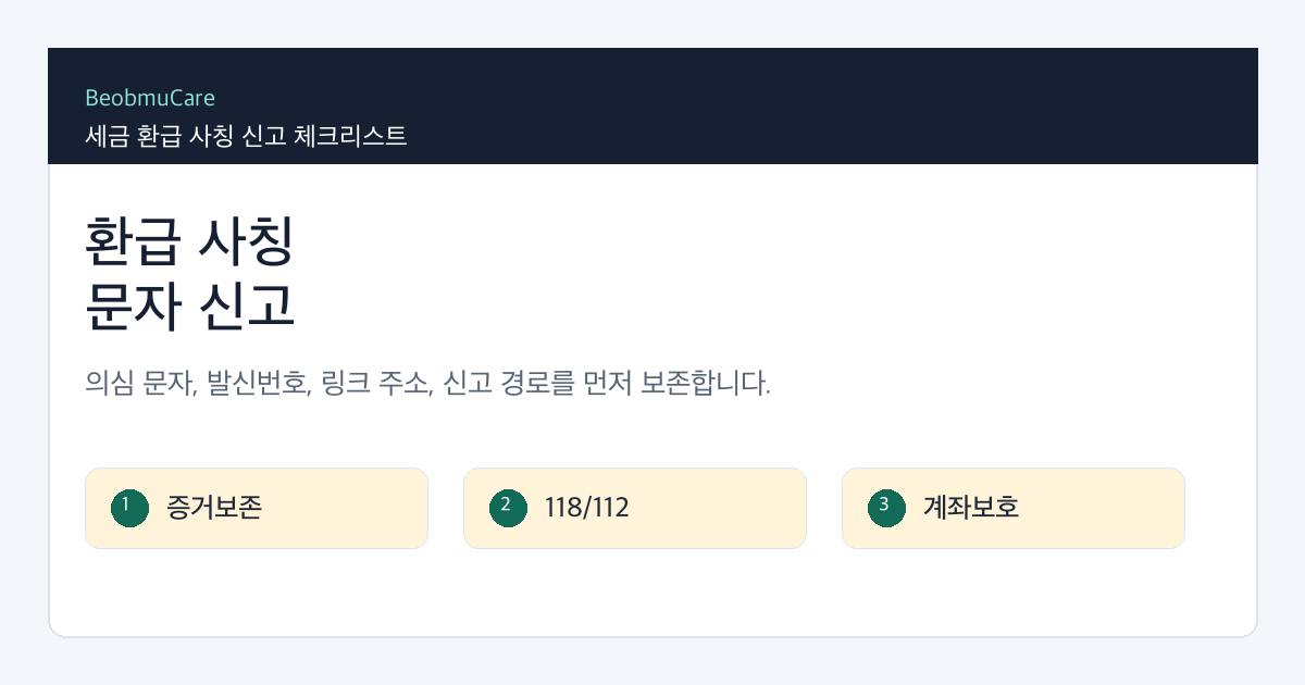 환급 사칭 문자 신고를 위해 의심 문자, 발신번호, 링크 주소, 신고 경로를 정리하는 체크리스트