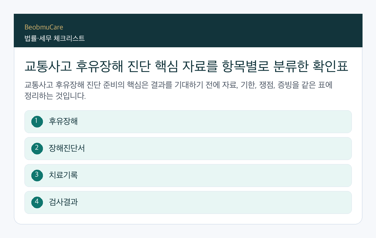 교통사고 후유장해 진단 핵심 자료를 항목별로 분류한 확인표