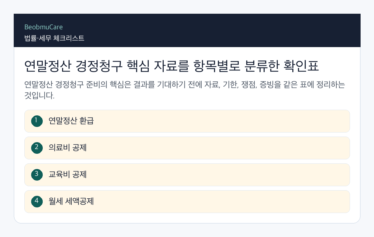 연말정산 경정청구 핵심 자료를 항목별로 분류한 확인표